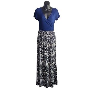 Gilli Women’s Maxi Dress Blue Black White Paisley BOHO Stretch Shortsleeve Sz M